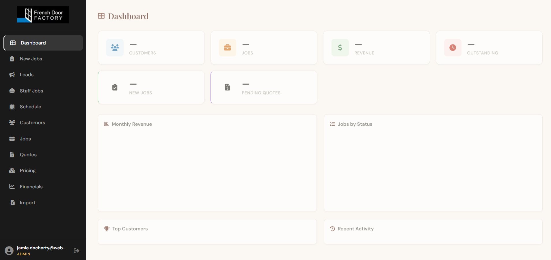 French Door Factory CRM dashboard — Xero-synced metrics, jobs pipeline, leads sidebar